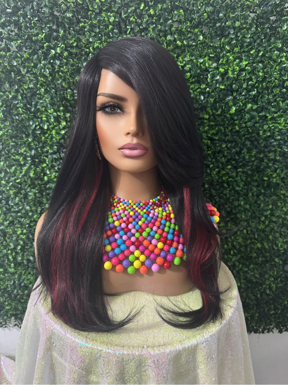 Black Wig with red Highlights - Sleek Long Women's Hair
